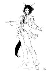1girl absurdres ahoge animal_ears artist_name belt breasts collared_shirt fuji_kiseki_(umamusume) greyscale highres horse_ears horse_girl horse_tail looking_at_viewer medium_breasts monochrome necktie pants parted_lips ringring_(artist) shirt short_hair signature simple_background smile solo tail umamusume white_background