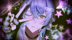 Rule 34 | 1boy, alternate costume, black arm warmers, black background, black choker, black nails, black shirt, blue hair, choker, close-up, commentary request, fabnuu, frown, green eyes, highres, hoshirube sho, looking at viewer, male focus, multicolored hair, nail polish, nijisanji, purple hair, shirt, sidelocks, simple background, solo, star (symbol), streaked hair, striped arm warmers, upper body, v, v over eye, virtual youtuber, white arm warmers