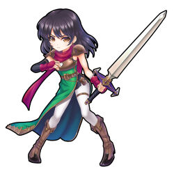 1girl armor aura belt black_hair boots breastplate brown_eyes closed_mouth dress earrings fingerless_gloves fire_emblem fire_emblem:_thracia_776 gloves green_dress highres holding holding_sword holding_weapon jewelry light_smile long_hair mareeta_(fire_emblem) nintendo red_scarf scarf shadow_sword_(fire_emblem) shoulder_armor simple_background solo standing sword thigh_strap weapon white_background yukiomi_haku