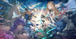 4girls absurdres bare_shoulders barefoot black_dress black_hair blonde_hair blue_eyes breasts cantarella_(wuthering_waves) cartethyia_(wuthering_waves) chibi_vanille commentary commentary_request cross-laced_clothes cross-laced_dress crown_of_thorns dress earrings english_commentary feet female_rover_(wuthering_waves) fleurdelys_(wuthering_waves) hair_between_eyes headdress highres holding holding_sword holding_weapon imperator_(wuthering_waves) jewelry large_breasts long_hair multiple_girls own_hands_clasped own_hands_together pointy_ears purple_hair rover_(wuthering_waves) shrug_(clothing) sword tacet_mark_(wuthering_waves) thighs toes unicorn very_long_hair weapon white_shrug wuthering_waves