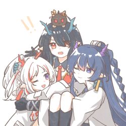 ! !! 3girls annotated arknights black_hair blue_hair carrying carrying_person chinese_commentary chongyue_(arknights) closed_mouth commentary_request dragon_bubble_(arknights) dragon_girl dragon_horns dusk_(arknights) earrings eyes_visible_through_hair hair_between_eyes hair_over_one_eye highres horns hug jewelry ling_(arknights) long_hair looking_at_viewer medium_hair multicolored_hair multiple_girls nian_(arknights) one_eye_closed open_mouth orange_eyes orange_hair pink_hair pointy_ears purple_eyes shang_ge_promax siblings simple_background sisters streaked_hair white_background white_hair