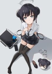 1girl bitterpain black_gloves black_hair black_necktie black_thighhighs blue_archive breasts collarbone cuffs double_bun full_body gloves grey_eyes hair_bun halo handcuffs highres kisaki_(blue_archive) loafers long_hair looking_at_viewer necktie open_mouth pleated_skirt shirt shoes short_sleeves sitting skirt small_breasts solo striped_necktie teeth thigh_gap thighhighs unworn_gloves very_long_hair white_shirt zettai_ryouiki