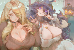 Rule 34 | 2girls, ahoge, alternate breast size, between breasts, blonde hair, breasts, brown sweater, choker, cleavage, collarbone, covered erect nipples, cutesexyrobutts, cynthia (pokemon), dress, gen 6 pokemon, glowing, glowing eyes, grey eyes, grin, hair over one eye, hairband, hex maniac (pokemon), jewelry, large breasts, long hair, long sleeves, looking at viewer, multiple girls, necklace, nintendo, no bra, playing with own hair, pokemon, pokemon (creature), pokemon dppt, pokemon xy, pumpkaboo, purple eyes, purple hair, sidelocks, smile, sweater, white dress