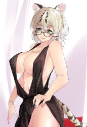 1girl alternate_breast_size alternate_costume animal_ears arm_at_side black-framed_eyewear black_dress black_hair breasts cat_ears cat_girl cat_tail covered_erect_nipples cowboy_shot dress earrings extra_ears fang fingernails glasses green_eyes grey_hair hair_between_eyes hand_on_own_hip jewelry kemono_friends kemono_friends_3 large_breasts looking_to_the_side low-cut_armhole margay_(kemono_friends) medium_hair multicolored_hair navel necklace no_bra parted_lips plunging_neckline revealing_clothes side_slit sleeveless sleeveless_dress smile solo stomach tail wifi1981321