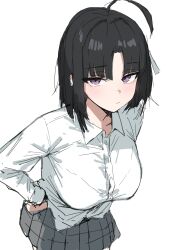 Rule 34 | 1girl, :/, absurdres, ahoge, alternate hair length, alternate hairstyle, awa subaru, black hair, blush, breasts, closed mouth, collared shirt, commentary request, girls band cry, grey skirt, hair intakes, hand on own hip, highres, large breasts, long sleeves, looking at viewer, purple eyes, shirt, short hair, simple background, sketch, skirt, solo, tay (cdjk7758), white background, white shirt