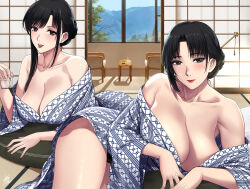 2girls black_eyes black_hair blue_kimono blush breasts cleavage collarbone highres huge_breasts indoors japanese_clothes kimono large_breasts looking_at_viewer loose_clothes mole mole_under_mouth mother_and_daughter multiple_girls naye_(xter) needle nush_(xter) red_eyes red_lips shiny_skin sidelocks tongue tongue_out xter