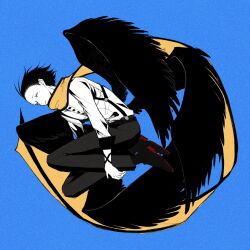 Rule 34 | 1boy, belt, black belt, black hair, black pants, black shoes, black trim, blue background, closed eyes, film grain, hair slicked back, highres, hugging own legs, long scarf, long sleeves, male focus, mochizuki ryouji, mole, mole under eye, otoko haza, pants, parted lips, persona, persona 3, scarf, shirt, shirt tucked in, shoes, short hair, simple background, sleeve cuffs, solo, suspenders, white shirt, yellow scarf