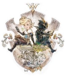 2boys alternis_dim armor black_armor black_legwear black_pants blonde_hair blue_eyes boots bravely_default:_fairy&#039;s_effect bravely_default:_flying_fairy bravely_default_(series) dark_knight full_armor helmet highres ikusy knee_boots knight multiple_boys official_art pants pompadour ringabel sitting smile square_enix