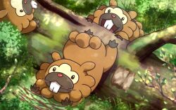 bidoof black_eyes branch commentary_request creatures_(company) day fallen_tree game_freak gen_4_pokemon kotobukkii_(yt_lvlv) moss mouth_hold nintendo no_humans outdoors pokemon pokemon_(creature) stick
