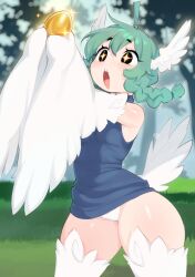 ! 1girl ahoge bare_shoulders birb_(niniidawns) bird_legs bird_tail blush braid chicken_girl commentary egg english_commentary expressive_hair feathered_wings feathers golden_egg green_hair hair_between_eyes harpy head_wings highres holding holding_egg long_hair monster_girl niniidawns open_mouth original outdoors panties solo sparkle sparkling_eyes tail teeth twin_braids underwear upper_teeth_only white_feathers white_panties white_wings wide_hips wing_ears winged_arms wings