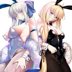 2girls aesc_(fate) aesc_(rain_witch)_(fate) alternate_costume animal_ears bare_shoulders blonde_hair blue_eyes blush bow bowtie braid breasts brown_pantyhose cleavage covered_navel detached_collar dual_persona fake_animal_ears fate/grand_order fate_(series) feather_boa glasses grey_hair hair_bow half_up_braid highleg highleg_leotard highres large_breasts leotard leotard_lift long_hair longdq3008 looking_at_viewer medium_breasts morgan_le_fay_(fate) multiple_girls official_style pantyhose parody playboy_bunny ponytail rabbit_ears round_eyewear side_ponytail sidelocks stool takeuchi_takashi_(style) thighs very_long_hair white_leotard wrist_cuffs