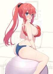 :o arched_back ass ball bare_arms bare_shoulders blush bouncing_breasts breasts buruma butt_crack commentary_request crossed_bangs exercise_ball highres hot large_breasts long_hair looking_at_viewer noe_(noe_emk) open_mouth original ponytail red_hair red_sports_bra sidelocks sitting sports_bikini sports_bra sweat thighs track_and_field