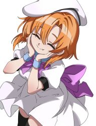 1girl absurdres beret black_thighhighs bow bowtie closed_eyes dress fang from_above ghuler hair_between_eyes hands_on_own_face happy hat highres higurashi_no_naku_koro_ni long_dress orange_hair parted_bangs puffy_short_sleeves puffy_sleeves purple_bow purple_bowtie ryuuguu_rena short_hair short_sleeves simple_background smile solo standing take_it_home thighhighs white_background white_dress white_hat wristband zettai_ryouiki