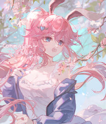 1girl absurdres alternate_hairstyle animal_ears blue_eyes blue_sky blurry blurry_background breasts cleavage commission dress flower hair_ornament heart heart_hair_ornament highres honkai_(series) honkai_impact_3rd large_breasts lixiang_guo_alice looking_to_the_side messy_hair off_shoulder outdoors pink_flower pink_hair ponytail rabbit_ears sidelocks sky solo upper_body white_dress yae_sakura