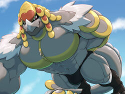 1boy abs bara black_male_underwear blue_sky bulge closed_mouth cloud commentary croiyan english_commentary from_below furry furry_male gen_7_pokemon kommo-o lizard_tail looking_at_viewer male_focus male_underwear muscular muscular_male nintendo pectorals pokemon pokemon_(creature) red_eyes sky tail topless_male underwear