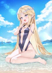 1girl absurdres bare_shoulders barefoot beach between_legs black_one-piece_swimsuit blonde_hair blue_eyes blue_sky blush breasts cartethyia_(wuthering_waves) character_request check_character cloud commentary_request day hand_between_legs hand_up highres korean_commentary long_hair mono_(mono_mon) one-piece_swimsuit open_mouth outdoors parted_bangs partially_submerged pointy_ears sitting sky small_breasts solo sunlight swimsuit tacet_mark_(wuthering_waves) toenails very_long_hair wariza water wet wuthering_waves