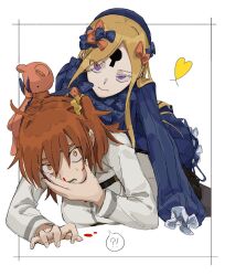 2girls abigail_williams_(fate) ahoge blonde_hair blood blue_bow blue_dress blue_eyes bow commentary_request dress fate/grand_order fate_(series) fujimaru_ritsuka_(female) heart highres keyhole looking_at_viewer multiple_girls nosebleed orange_bow orange_eyes orange_hair stuffed_animal stuffed_toy teddy_bear uro_(kyoka315)