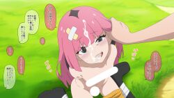 1boy 1girl aki_(yunkana) bar_censor blunt_bangs blurry blurry_background censored clothes_pull collarbone commentary_request coral_(pokemon) cum cum_in_mouth cum_on_body cum_on_hair day eyelashes facial fang grass grey_eyes hair_down hair_ornament half-closed_eye highres holding_another&#039;s_hair long_hair looking_up navel nintendo open_mouth outdoors pink_hair pokemon pokemon_(anime) pokemon_horizons skirt skirt_pull speech_bubble sweat tearing_up translation_request
