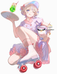 1girl achiki banpen_(todoroki_hajime) blonde_hair dress food highres hololive hololive_dev_is ice_cream ice_cream_float on_one_knee one_eye_closed pudding purple_eyes roller_skates skates striped_clothes striped_dress todoroki_hajime tongue tongue_out tray virtual_youtuber visor_cap waitress