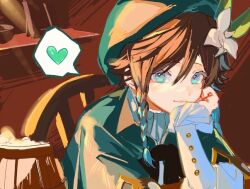 Rule 34 | 1boy, aqua eyes, aqua hair, bow, bowtie, braid, brown hair, cape, chair, chin rest, elbow on table, flower, genshin impact, gradient hair, green cape, green headwear, hair flower, hair ornament, head on head, head rest, heart, indoors, long sleeves, looking at viewer, multicolored hair, on chair, sainome (imveryfinethx), shirt, sitting, sleeves past wrists, smile, solo, spoken heart, twin braids, upper body, venti (genshin impact), white flower, white shirt