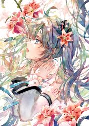 Rule 34 | 1girl, acrylic paint (medium), bare shoulders, blue eyes, blue hair, collared dress, dappled sunlight, detached sleeves, dress, flower, frilled dress, frilled sleeves, frills, from side, green eyes, hair between eyes, hair flower, hair ornament, hands on own neck, hands up, hatsune miku, hatsune miku (nt), highres, long hair, miku day, open mouth, painting (medium), piapro studio, pink flower, sidelocks, solo, sunlight, traditional media, twintails, upper body, vocaloid, white background, white dress, white sleeves, yukoring