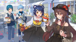 2boys 2girls absurdres bag bare_shoulders basket blouse blue_eyes blue_hair book braid breasts brown_hair casual chili_pepper chongyun_(genshin_impact) contemporary ddal earrings fedora flower food genshin_impact guoba_(genshin_impact) hair_ornament hairclip hat hat_flower highres holding_hands hu_tao_(autumn_pop-up_store)_(genshin_impact) hu_tao_(genshin_impact) ice_cream jewelry multiple_boys multiple_girls off-shoulder_shirt off_shoulder official_alternate_costume official_art one_eye_closed open_mouth panda pants red_eyes ring school_uniform shirt shopping shopping_bag skirt smile twin_braids twintails wristband xiangling_(autumn_pop-up_store)_(genshin_impact) xiangling_(genshin_impact) xingqiu_(genshin_impact) yellow_eyes