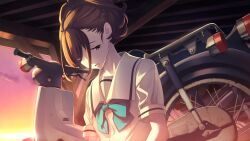 1girl bags_under_eyes blue_bow blue_stripes bow braid brown_eyes brown_hair chest_bow chuo_tanegashima_high_school_uniform cropped_shirt exhausted facing_down fukuda_tomonori game_cg hair_between_eyes high_ponytail highres looking_down motor_vehicle narrowed_eyes non-web_source official_art open_mouth ponytail ponytail_with_braided_base red_sky robotics;notes sailor_collar school_uniform scooter senomiya_akiho shade shirt short_sleeves sky solo sunlight sunset sweat sweatdrop tongue twilight white_sailor_collar white_shirt
