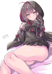 1girl absurdres ahoge ass bare_legs blush braid brown_hair hair_ribbon highres hizaka hood kantai_collection looking_at_viewer red_eyes ribbon shinshuu_maru_(kancolle) skirt solo thighs twin_braids twitter_username