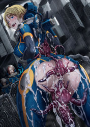 3girls alien anal anus ass astronaut blonde_hair blush bodysuit breasts butcha-u covered_erect_nipples creature creature_inside cum cum_in_ass cum_in_pussy cum_on_ass cum_on_body cum_overflow double_penetration excessive_cum fucked_silly giving_birth interspecies large_breasts mind_break mind_control multiple_girls original parasite parasite_futa rape short_hair solo_focus sweatdrop tentacles torn_bodysuit torn_clothes uncensored vaginal