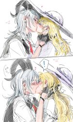 2girls black_gloves blonde_hair blush closed_eyes clothes_grab commentary_request earrings gloves hand_on_another&#039;s_neck hat highres horns jewelry key_earrings kiss large_hat mole mole_under_eye multiple_girls necktie phoebe_(wuthering_waves) purple_hat red_necktie shirt_grab simple_background sweat translation_request white_background white_hair wuthering_waves yuri yurikure4 zani_(wuthering_waves)
