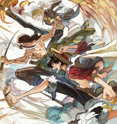 3boys bandana black_bandana black_hair black_necktie black_suit blonde_hair commentary_request formal_clothes green_hair hat holding holding_sword holding_weapon incoming_attack leg_up male_focus monkey_d._luffy multiple_boys necktie one_piece open_clothes open_mouth open_shirt profile roronoa_zoro runa_(nori31291404) sanji_(one_piece) scar scar_on_face shirt smoke straw_hat suit sword topless_male weapon weapon_in_mouth yellow_shirt