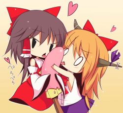 0_0 ayuki_(47881314) black_eyes blush bow brown_hair brown_horns chocolate-covered_food chocolate_banana collared_shirt commentary_request cookie_(touhou) frilled_hair_tubes frills full_body hair_bow hair_tubes hakurei_reimu heart highres horn_bow horn_ornament horns ibuki_suika licking long_hair looking_at_viewer mini_person minigirl open_mouth orange_hair purple_bow purple_skirt red_bow red_shirt red_skirt sakenomi_(cookie) sexually_suggestive shirt simple_background skirt sleeveless sleeveless_shirt touhou triangle_mouth v-shaped_eyes white_shirt yamin_(cookie) yellow_background