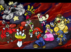 1boy 1girl bad_id bad_pixiv_id beard bowser bowyer claws crown epic facial_hair geno_(mario) hammer hat mack mallow_(mario) mario mario_(series) mustache nintendo opposing_sides parasol piu princess_peach sharp_teeth smithy star_(symbol) super_mario_rpg teeth umbrella yaridovich