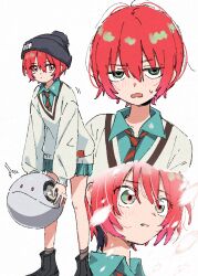 1girl absurdres amate_yuzuriha aqua_eyes beanie black_hat blush collared_shirt commentary_request gundam gundam_gquuuuuux haro hat highres looking_at_viewer matsuda_hikari multiple_views necktie non-humanoid_robot open_mouth red_hair robot school_uniform shirt short_hair simple_background skirt solo sweater white_background