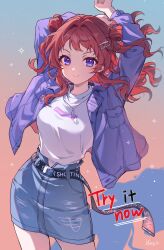 1girl absurdres arms_behind_head arms_up artist_name belt blue_skirt closed_mouth commentary cowboy_shot denim denim_skirt english_text gakuen_idolmaster gradient_background hair_bun hair_ornament hairclip hanami_saki highres idolmaster jacket jewelry kheng_(k_heng1223) long_sleeves looking_at_viewer medium_hair necklace open_clothes open_jacket pendant purple_eyes purple_jacket red_hair shadow shirt signature skirt smile solo sparkle two_side_up wavy_hair white_shirt