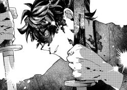 Rule 34 | 1boy, blood, blood on clothes, blood on face, blood on hands, close-up, dual wielding, fate/samurai remnant, fate (series), greyscale, holding, holding sword, holding weapon, japanese clothes, katana, kimono, kiyori (k-kyr), miyamoto iori (fate), monochrome, nosebleed, solo, sword, unsheathed, weapon