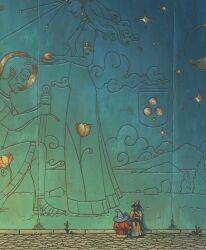 2boys aurumek bag blue_hat cane cobblestone commentary english_commentary gold hat highres long_sleeves multiple_boys mural original outdoors red_robe robe scenery standing star_(symbol) wide_shot wizard wizard_hat