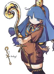 1girl absurdres belt black_belt black_thighhighs blue_eyes blue_hair boots brown_boots brown_shirt brown_shorts buttons collared_shirt earrings english_text facial_mark gold_hairband hairband highres holding holding_scepter holding_staff jewelry key_earrings long_hair looking_at_viewer low-tied_long_hair michigami_nareko piaki pocket scepter shirt shorts smile solo staff thighhighs touhou triangle triangle_facial_mark upper_body white_background wing_collar