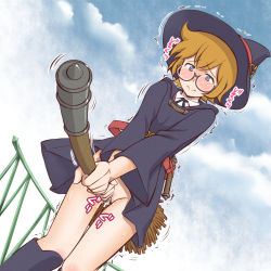 10s 1girl 3: :&gt; blonde_hair blue_eyes blush boots bottomless broom broom_riding brown_hair cloud crotch_rub day female_focus female_masturbation foreshortening freckles glasses hat little_witch_academia loli lotte_jansson masturbation matsui_celine no_panties pole_grind pussy pussy_juice robe rubbing short_hair sky solo sweat tareme trembling witch witch_hat