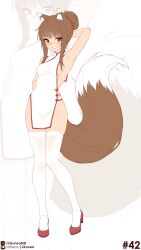 1girl absurdres alternate_costume animal_ear_fluff animal_ears arm_behind_head arm_up armpits arms_behind_head bare_arms bare_shoulders blunt_bangs blush breasts brown_hair china_dress chinese_clothes covered_navel dress eyebrows_hidden_by_hair eyes_visible_through_hair full_body grin hair_bun hair_elastic high_heels highres holo likunea long_hair looking_at_viewer pelvic_curtain red_eyes red_shoes shoes short_dress sideboob sideless_dress single_hair_bun sleeveless sleeveless_dress sleeveless_turtleneck sleeveless_turtleneck_dress small_breasts smile solo spice_and_wolf standing tail teeth thighhighs turtleneck turtleneck_dress white_dress white_thighhighs wolf_ears wolf_girl wolf_tail