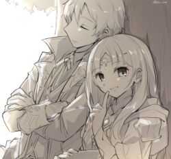 Rule 34 | 1boy, 1girl, atelier (series), atelier lulua, closed eyes, commentary request, crossed arms, ficus finis, finger to mouth, index finger raised, jacket, karasumi (aiseec), leaning, long hair, long sleeves, looking at viewer, neck ribbon, open mouth, piana (atelier), ribbon, shirt, short hair, shushing, sleeping, sleeping upright, smile, tree, upper body