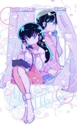 absurdres blue_eyes blue_hair corded_phone curtains en_0410 godai_yuusaku highres holding holding_phone long_sleeves maison_ikkoku orange_skirt otonashi_kyouko phone print_curtains sitting_in_window skirt white_background