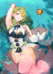 1girl absurdres arm_up armpits blue_bow blue_bowtie blue_shirt bow bowtie braid braided_bangs breasts ceres_fauna cleavage corset detached_collar fins fish_tail green_eyes green_hair hair_branch highres hololive hololive_english large_breasts long_hair looking_at_viewer lying mermaid mochiyuki_(gigfor1) mole mole_under_eye monster_girl on_back parted_bangs shirt smile solo tail virtual_youtuber water