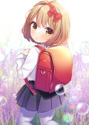 1girl backpack bag black_skirt blonde_hair blush borrowed_character bow bow-shaped_hair collared_shirt commentary_request commission feet_out_of_frame flower from_behind hairband highres kneeling long_sleeves looking_at_viewer miyahana_yu_(artist) original pantyhose parted_lips pleated_skirt purple_flower randoseru red_bow red_hairband school_uniform shirt short_hair skeb_commission skirt solo white_pantyhose white_shirt yellow_eyes