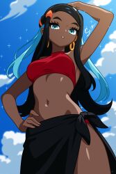 1girl absurdres bikini black_hair blue_eyes blue_eyeshadow blue_hair blue_sky cloud dark-skinned_female dark_skin earrings eyeshadow hair_bun highres hoop_earrings jewelry long_hair makeup midriff multicolored_hair navel nessa_(pokemon) nintendo pokemon pokemon:_twilight_wings pokemon_swsh single_hair_bun sky solo su1zide swimsuit tankini two-tone_hair