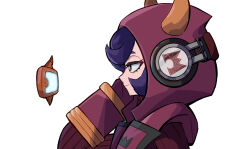 Rule 34 | 1girl, absurdres, cellphone, closed mouth, courtney (pokemon), eyelashes, fake horns, gen 4 pokemon, hand on own head, headphones, highres, hood, hood up, hooded jacket, horned hood, horns, ida (idalol490), jacket, nintendo, phone, pokemon, pokemon oras, purple eyes, purple hair, red jacket, red shirt, rotom, rotom phone, shirt, short hair, simple background, smartphone, smile, solo, team magma, team magma logo, white background