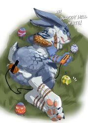 1boy anal animal_ears anus ass bad_id bad_tumblr_id bara blue_fur blush claws e._aster_bunnymund easter_bunny easter_egg egg english_text furrowed_brow furry furry_male gauntlets leosaeta looking_down lying male_focus on_grass open_mouth pawpads rabbit_boy rabbit_ears rabbit_tail rise_of_the_guardians sex_toy tail testicles vibrator yaoi