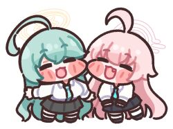 Rule 34 | 2girls, blue archive, blush stickers, bugi 33, chibi, chibi only, closed eyes, fang, frown, full body, halo, hoshino (blue archive), laughing, multiple girls, white background, yume (blue archive)