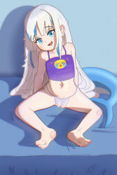 bed bikini emoji fins fish_tail gawr_gura larcoa_(diodeart) loli long_hair multicolored_hair navel nipples purple_bikini shark_tail smile stomach swimsuit tail thighs virtual_youtuber