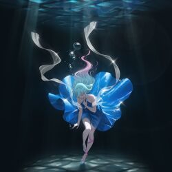 Rule 34 | 1girl, absurdres, air bubble, armpit crease, bare arms, bare shoulders, bent over, blue bow, blue dress, blue hair, bow, braid, braided sidelock, breasts, bubble, caustics, charon universe, cleavage, cleavage cutout, closed eyes, closed mouth, clothing cutout, collarbone, commentary request, dress, eris (charon universe), floating clothes, floating hair, full body, glint, gradient hair, grey shoes, hair bow, hair intakes, halter dress, halterneck, hand on own chest, highres, korean commentary, large breasts, leg ribbon, leg up, lens flare, light rays, long hair, multicolored hair, myomomoo, parted bangs, pink hair, pink ribbon, ribbon, see-through clothes, see-through dress, shawl, shoes, single sidelock, sleeveless, sleeveless dress, solo, standing, standing on one leg, streaked hair, submerged, sunbeam, sunlight, thigh gap, underwater, very long hair, white shawl